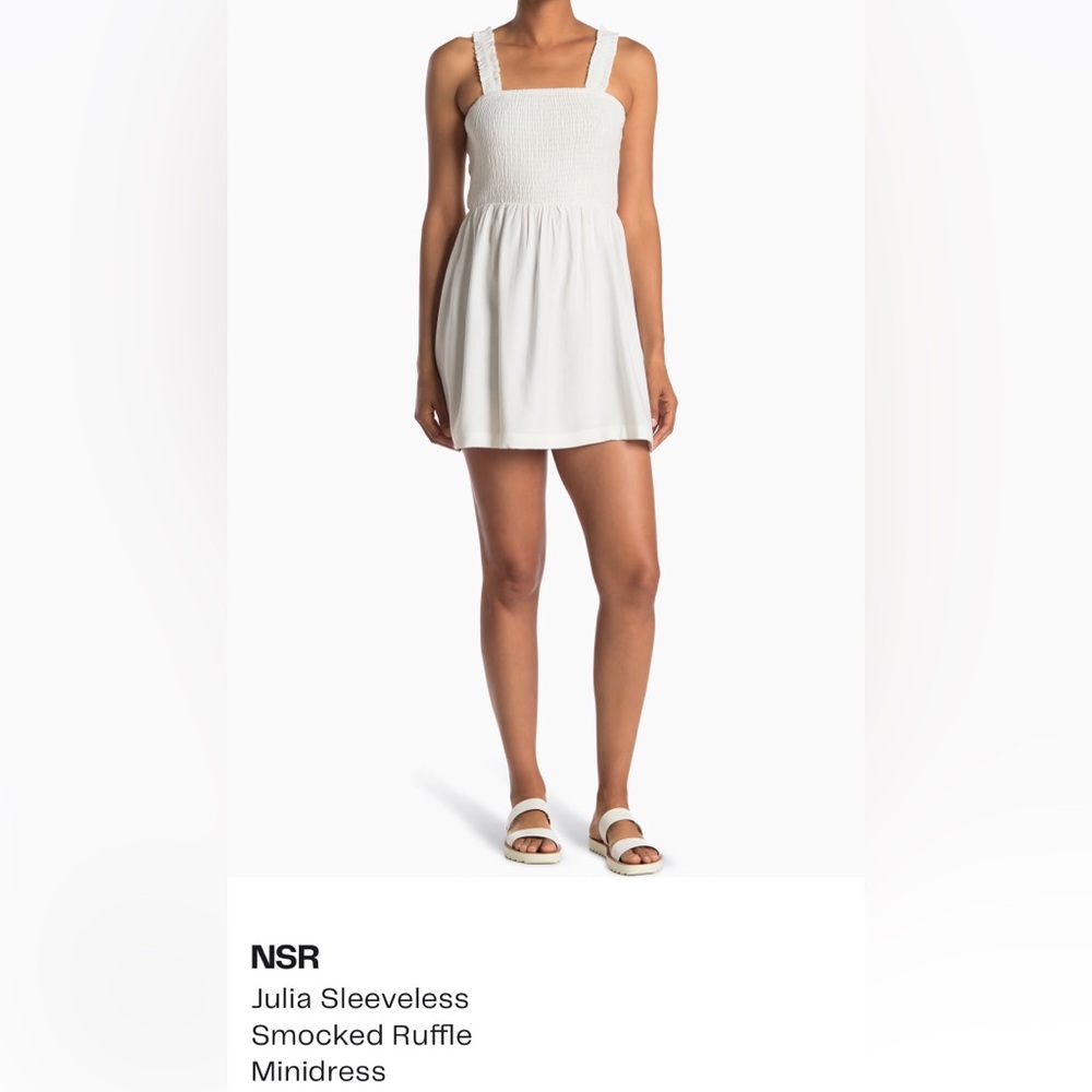 NSR White Julia Sleeveless Smocked Ruffle Mini Dress, Size L